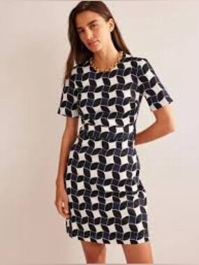 Boden Alexa Geometric Print Cotton Shift Dress Navy White Black 12 EUC